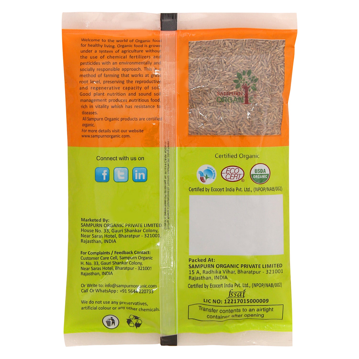 Sampurn Organic cumin seeds jeera whole seed jira jeera zeera powder edible sabut healthy pure natural green seed 200g combo pack for kitchen